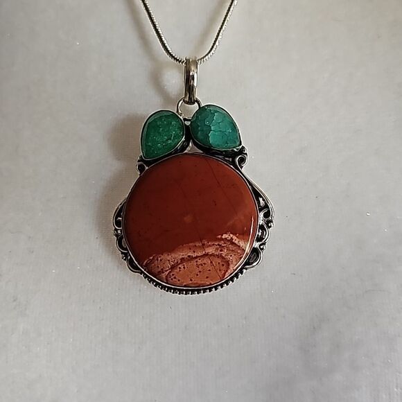 Natural Jasper w/Emeralds Stone Necklace 18" 925 Silver - Picture 1 of 6